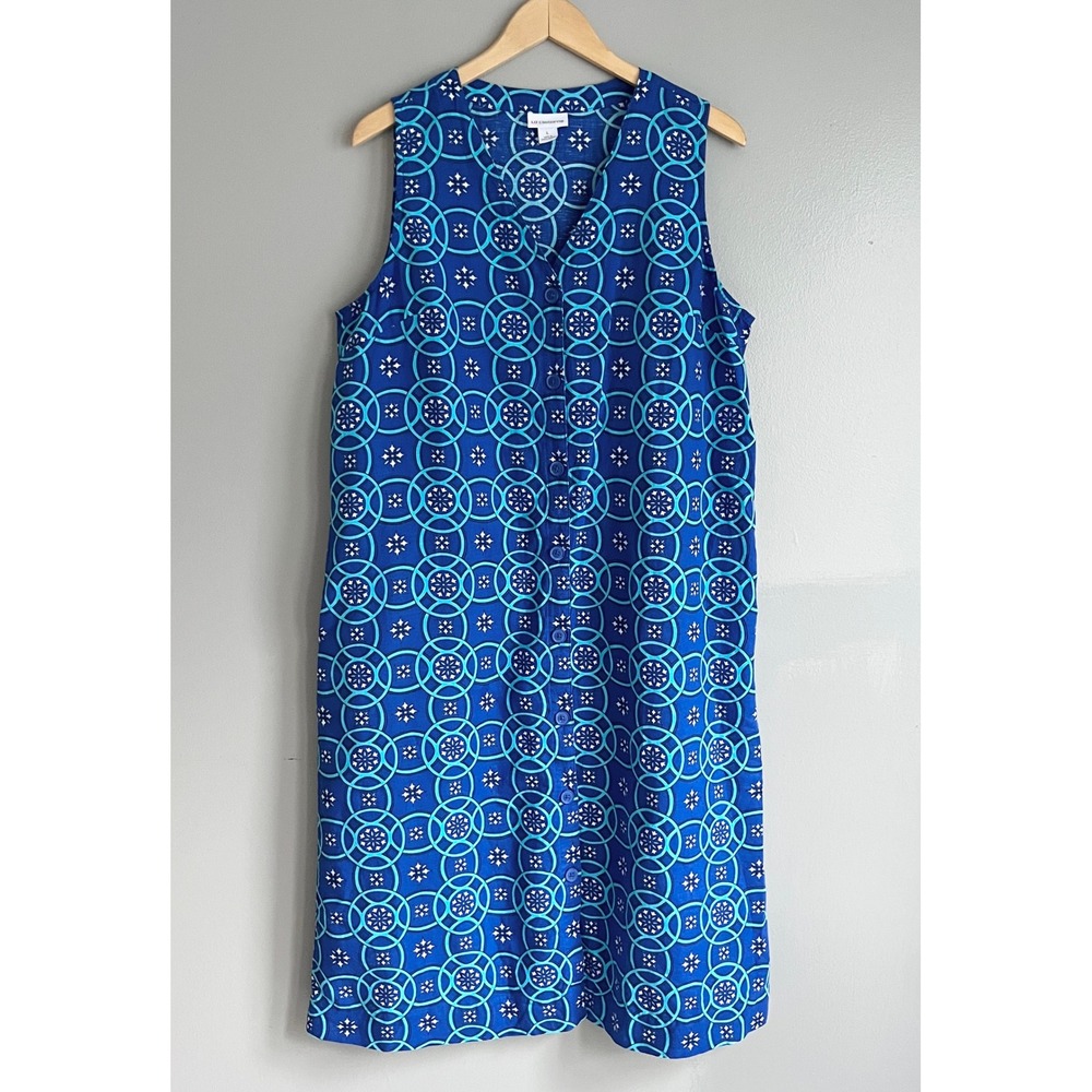 Liz Claiborne Shift Dress Womens L Blue Linen Blend Geometric Resortwear Coastal